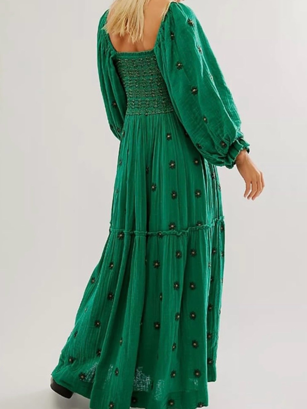 Floral Embroidered Long Balloon Sleeve Smocked Midi Maxi Dress Sz L Boho Green - Picture 3 of 5